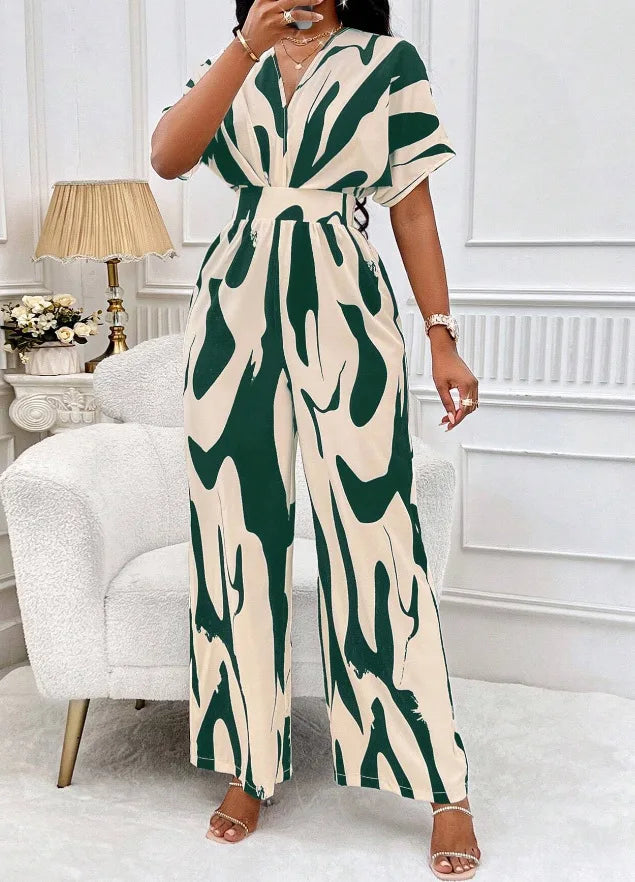 Spring Summer New Printed Short Sleeve For Women's Jumpsuit Fashion Waist Slim Simple Elegant Female Office Jumpsuit Pants