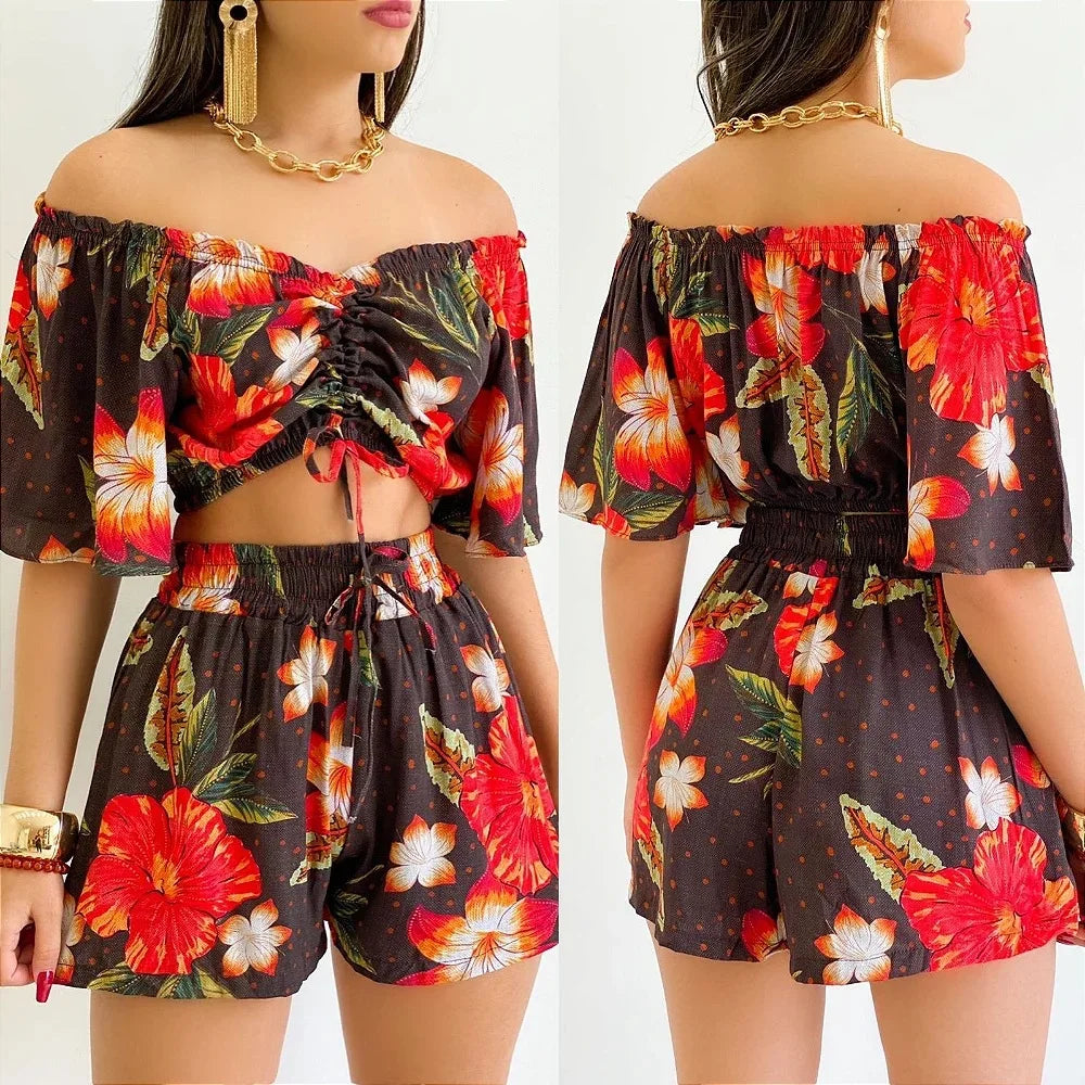 Sexy Off Shoulder Slash Neck T-shirt Shorts Set Office Lady Floral Print Lace Up Short Sleeve Two Piece Set Women Outfit 2023