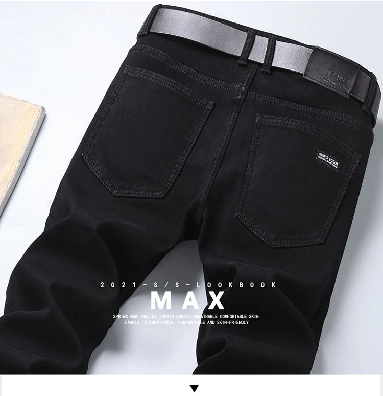 Winter Pure Black Fleece Thick Warm Jeans Men's Slim Straight Elastic Denim Pants Casual Male Clothing Fashion Plush Trousers