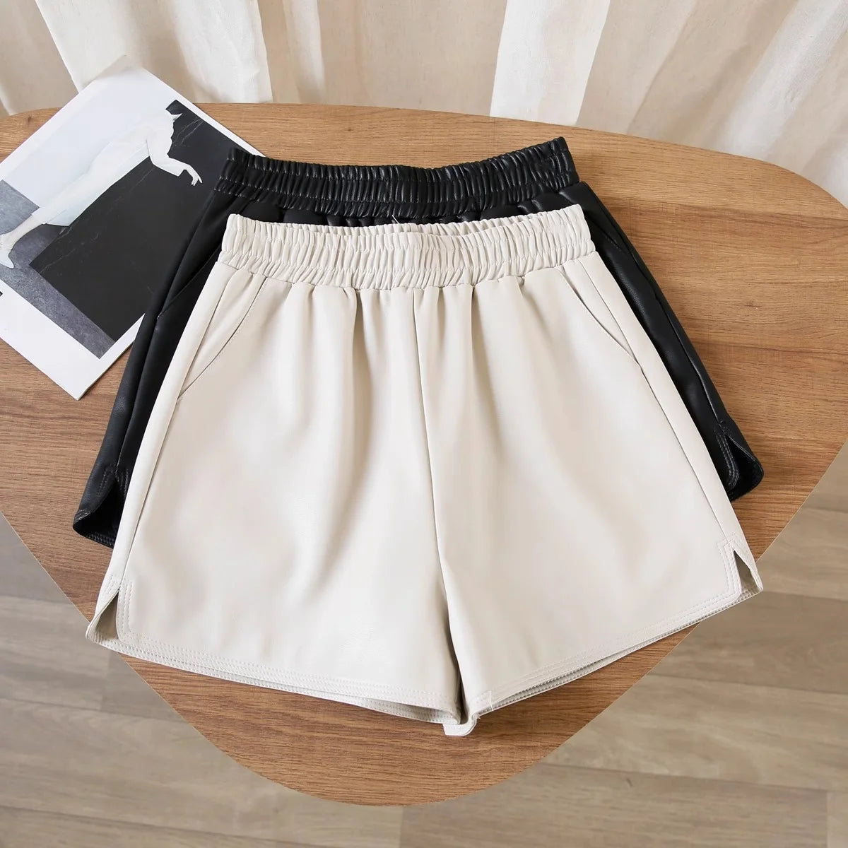 Casual Women High-waist Slimming Pu Leather Black A- pants Loose Plus-size Shorts Outdoor Wear Trousers Korean Style