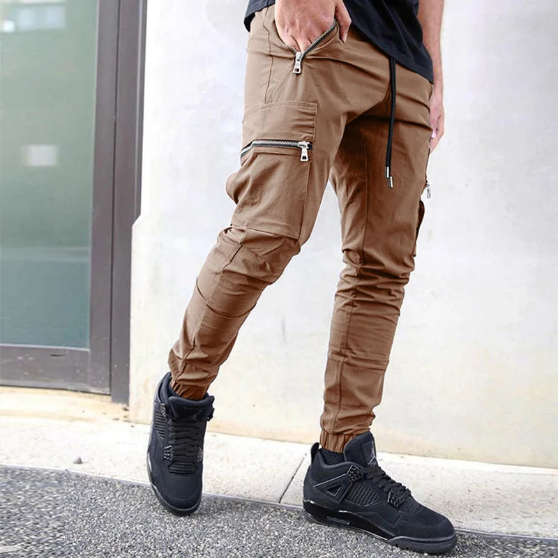 Men's casual overalls spring and autumn new drawstring fashion personality zipper pocket small foot pencil pants long pants