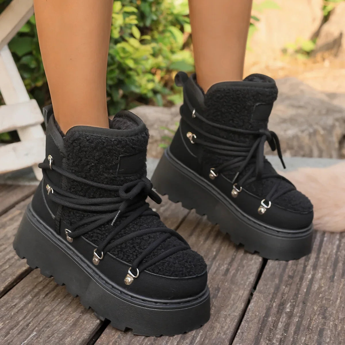 Women’s Winter Snow Boots – Warm, Fleece-Lined, Thick Sole, Cotton Material, Adjustable Ties, Non-Slip Rubber Outsole,