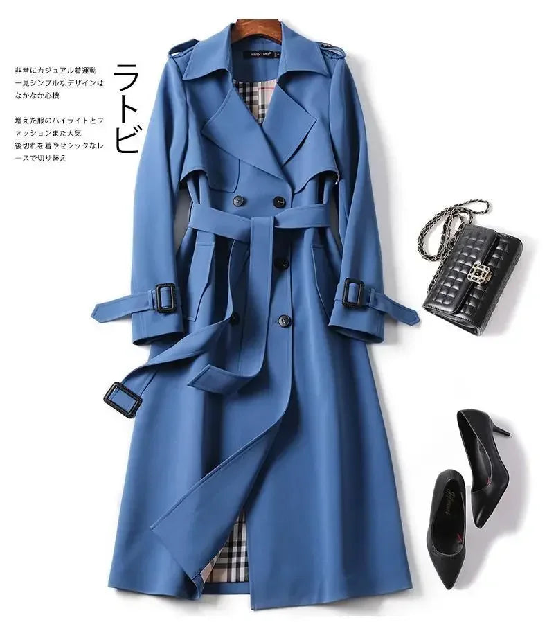 2024 Autumn Elegant Long Women Trench Lace Up Waist Casual Solid V Neck Overcoat Plus Size Long Sleeve Windbreaker Female Trench