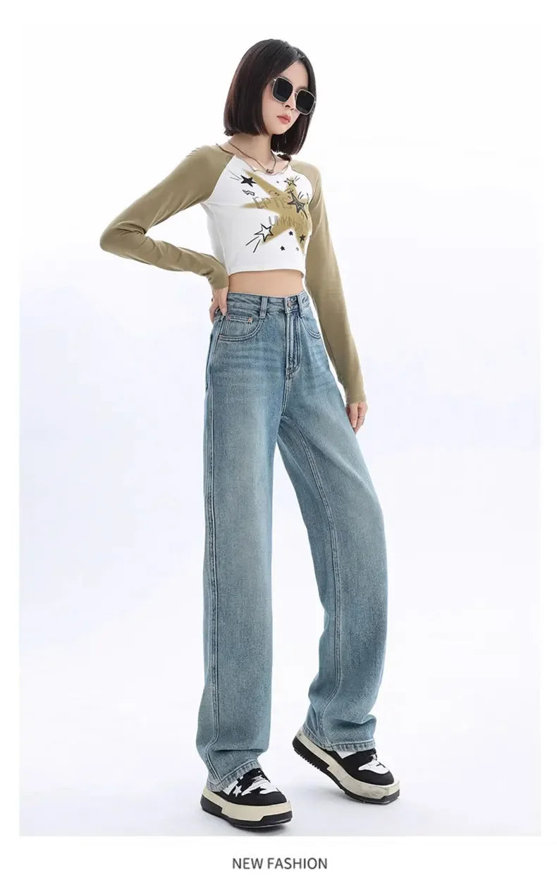 High-waisted Thickened Loose-fit Fleece-lined Straight-leg Jeans For Women Petite Size Warm Light-colored Long Trousers