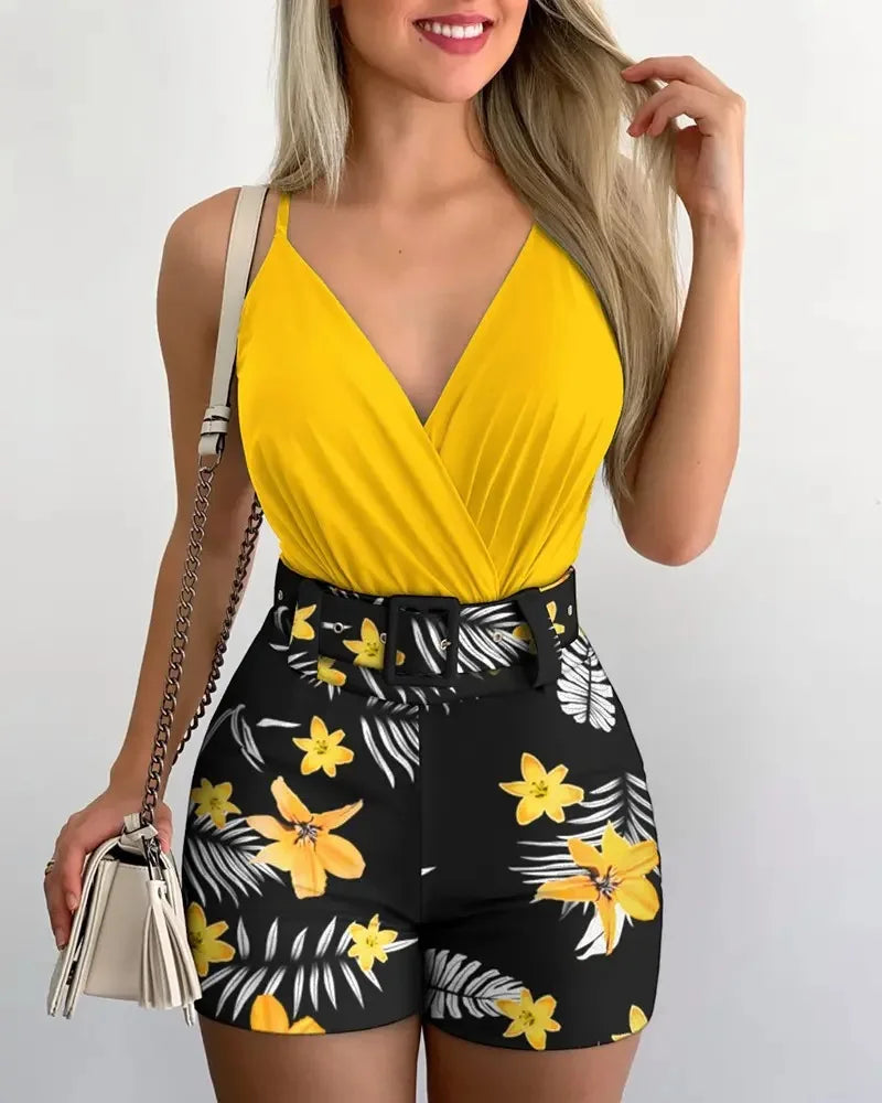 Summer Women's Print Two-piece 2024 Fashion Deep V-neck Belt Beach Style Holiday Style Casual Sexy Two-piece Set