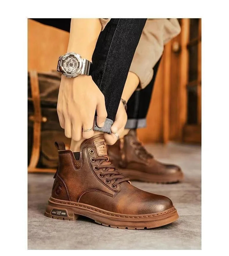 Luxury Men Ankle Boots Retro British High-top Men Boots Fashion High Quality Leather Shoes 2024 New Outdoor Men Motorcycle Boots