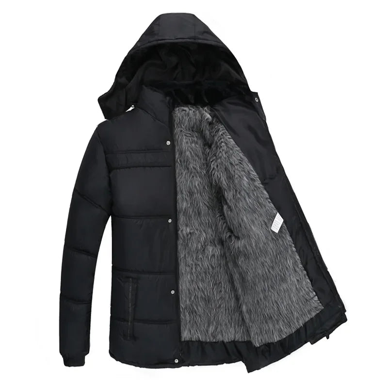 Thickened cotton padded men’s jacket, warm and medium-length.