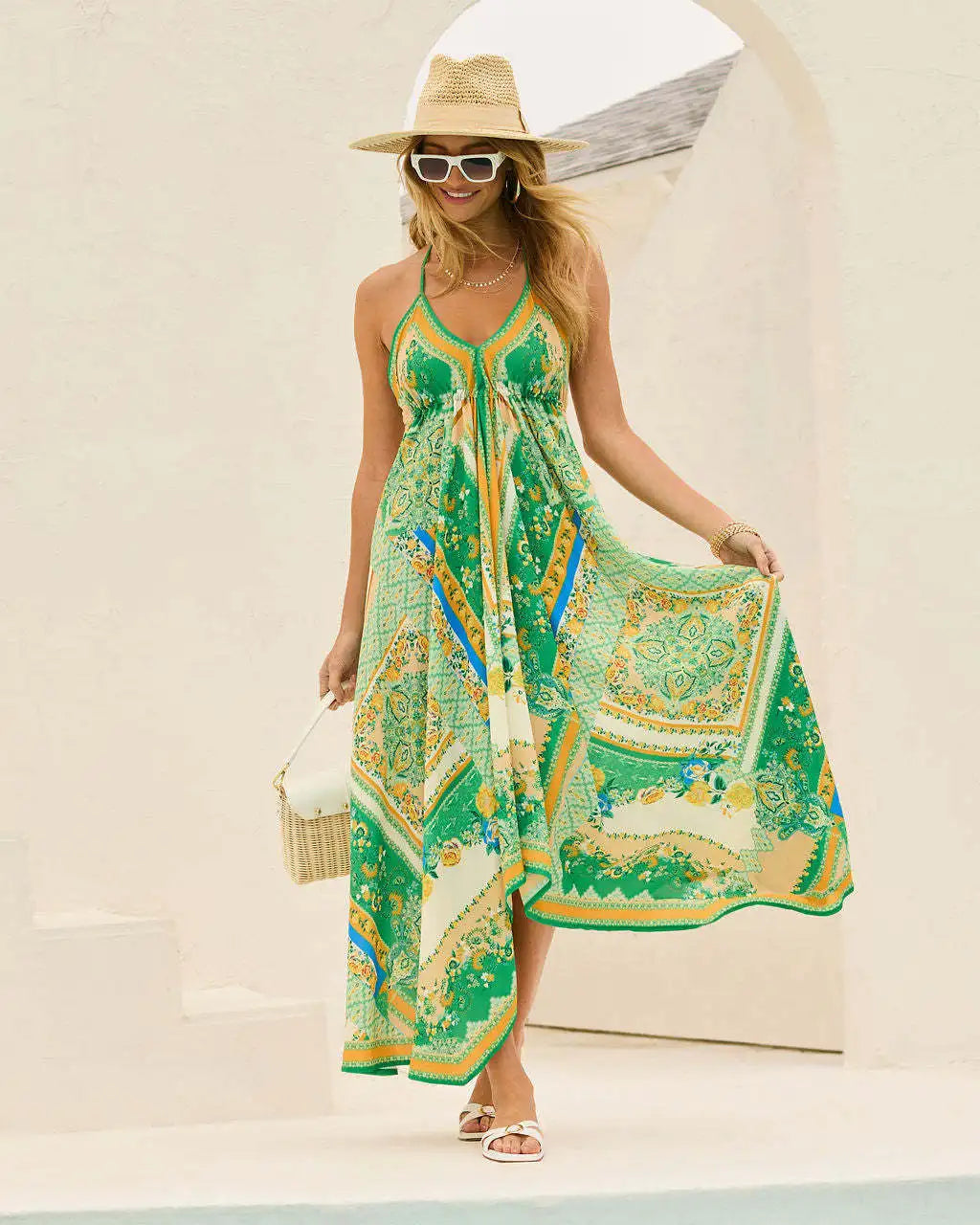 Women's Bohemian Floral Halter Dress – Long, V-Neck, Perfect for Summer, Beach Days, and Casual Outings.