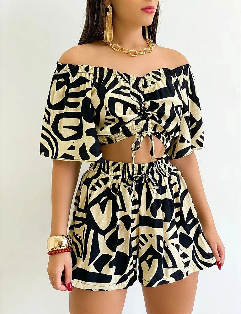 Sexy Off Shoulder Slash Neck T-shirt Shorts Set Office Lady Floral Print Lace Up Short Sleeve Two Piece Set Women Outfit 2023