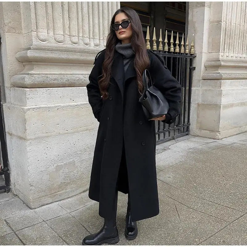 Fashion With Belt Black Woolen Long Coat For Women Oversize Loose Double Button Lapel Overcoat Autumn Lady High Street Outerwear