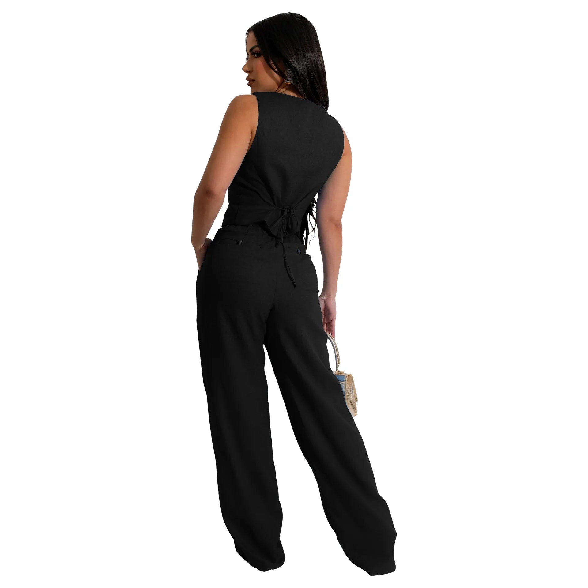 Fashion Sleeveless Vest Pants Women Solid Color Suit Spring Summer V Neck Ultra Short Top + Slim Pants Female Office 2 Piece Set
