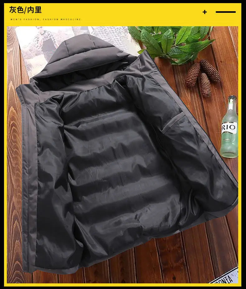 Men’s cotton puffer jacket with hood, loose fit, cropped design — perfect for casual and outdoor wear.