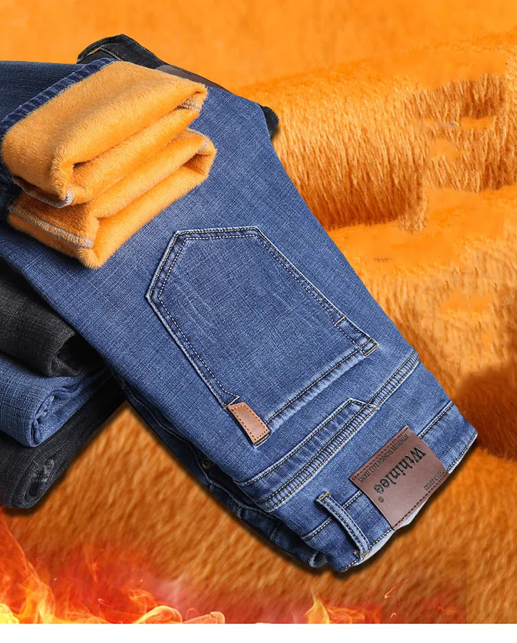 2024 Mens Winter Classic Business Quality Famous Brand Fleece Pants Straight Trousers Winter Thermal Warm Plush Stretch Jeans