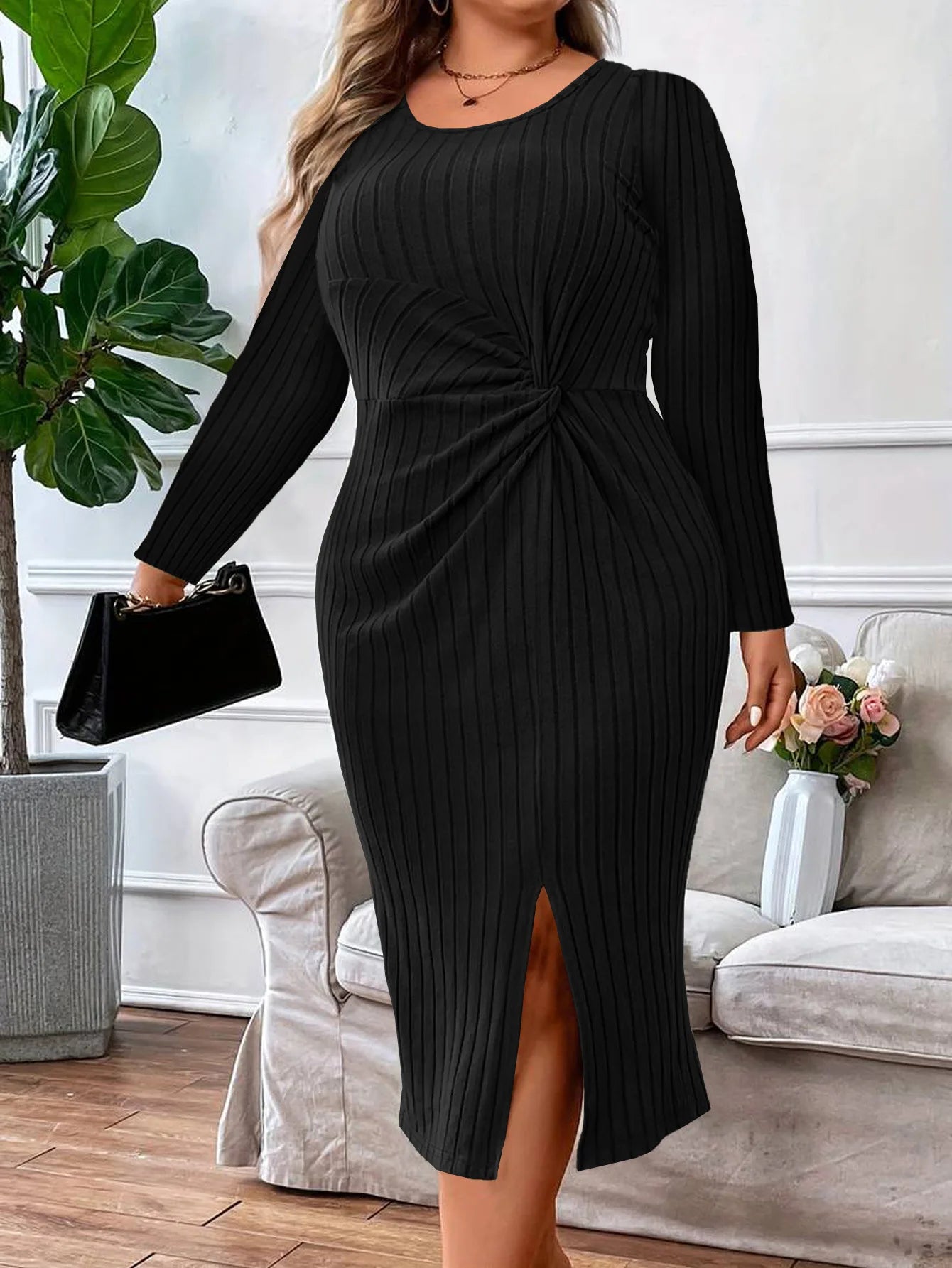 Plus Size Solid Women Dresses Knitted Round Neck Long Sleeves Autumn Fall Sprimg Robe Casual Twist Split Female Clothing