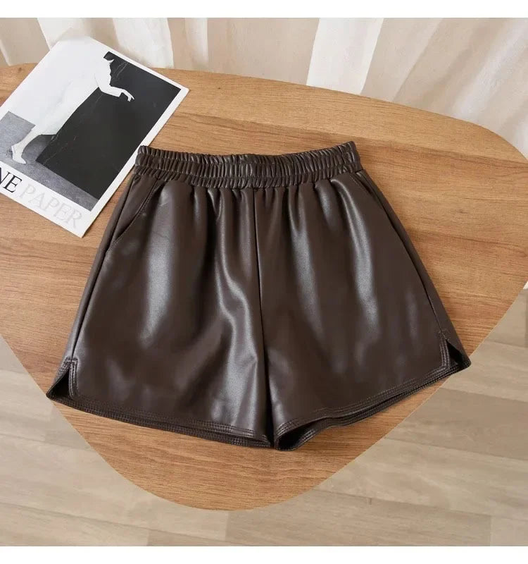 Casual Women High-waist Slimming Pu Leather Black A- pants Loose Plus-size Shorts Outdoor Wear Trousers Korean Style