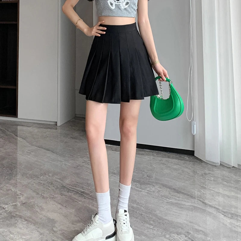 Rimocy Korean Elastic High Waist Pleated Skirt Woman Black Gray Short A-Line Skirts for Women 2023 Summer Jk Uniform Mini Skirt