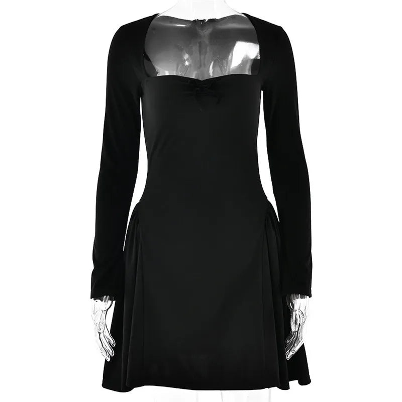 Mozision Long Sleeve A-line Sexy Mini Dress For Women Robe Autumn Fall Bow Square Collar Pleated Dress Elegant Dresses