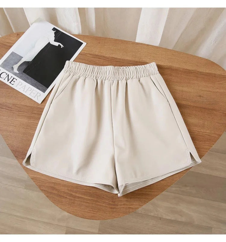 Casual Women High-waist Slimming Pu Leather Black A- pants Loose Plus-size Shorts Outdoor Wear Trousers Korean Style