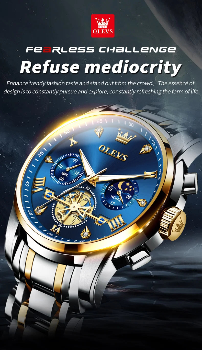 OLEVS 2856 Original Quartz Dress Watch For Men Moon Phase Stainless Steel Business Wristwatch Waterproof Luminous Man Watches