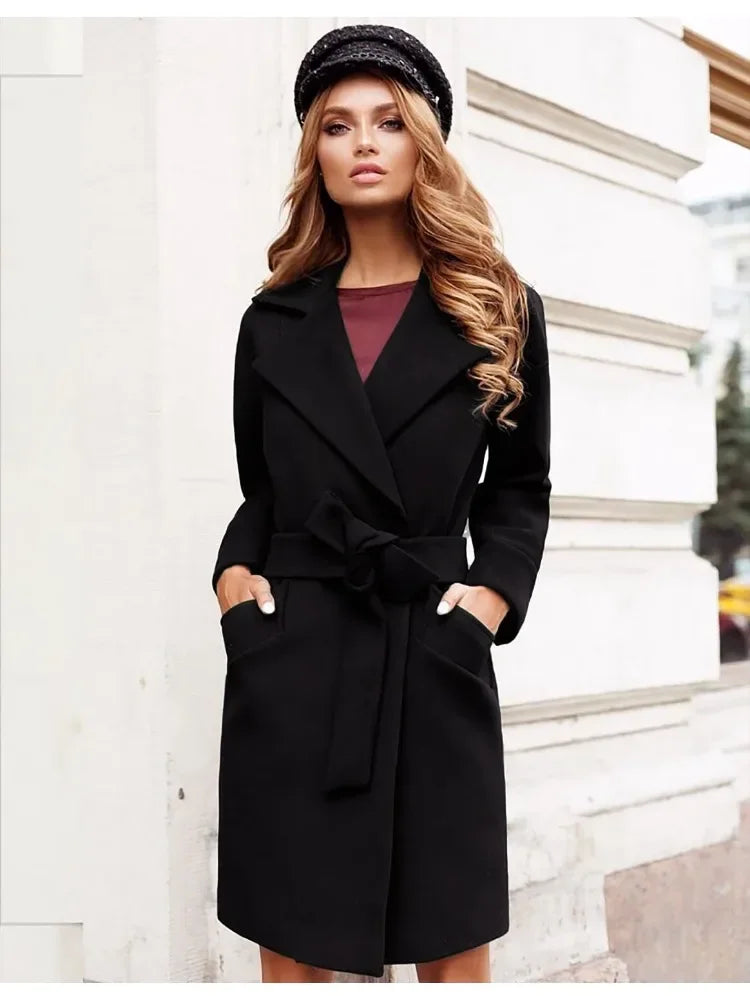 Women's S-2XL Size New Fashion Slim Fit Waist Belt Flip Collar Woolen Coat trench coat  trench coat for women