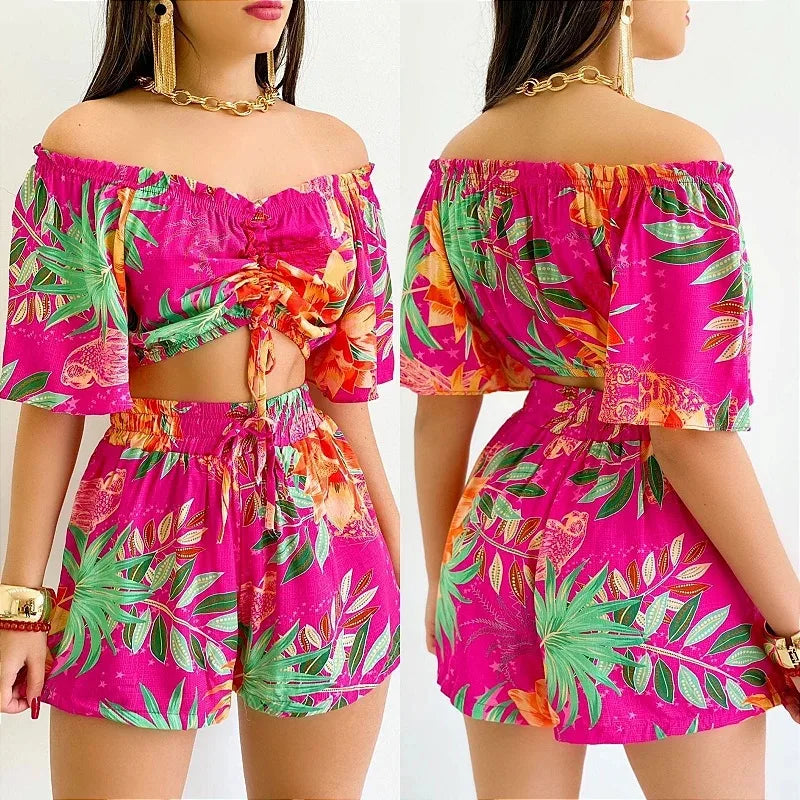 Sexy Off Shoulder Slash Neck T-shirt Shorts Set Office Lady Floral Print Lace Up Short Sleeve Two Piece Set Women Outfit 2023