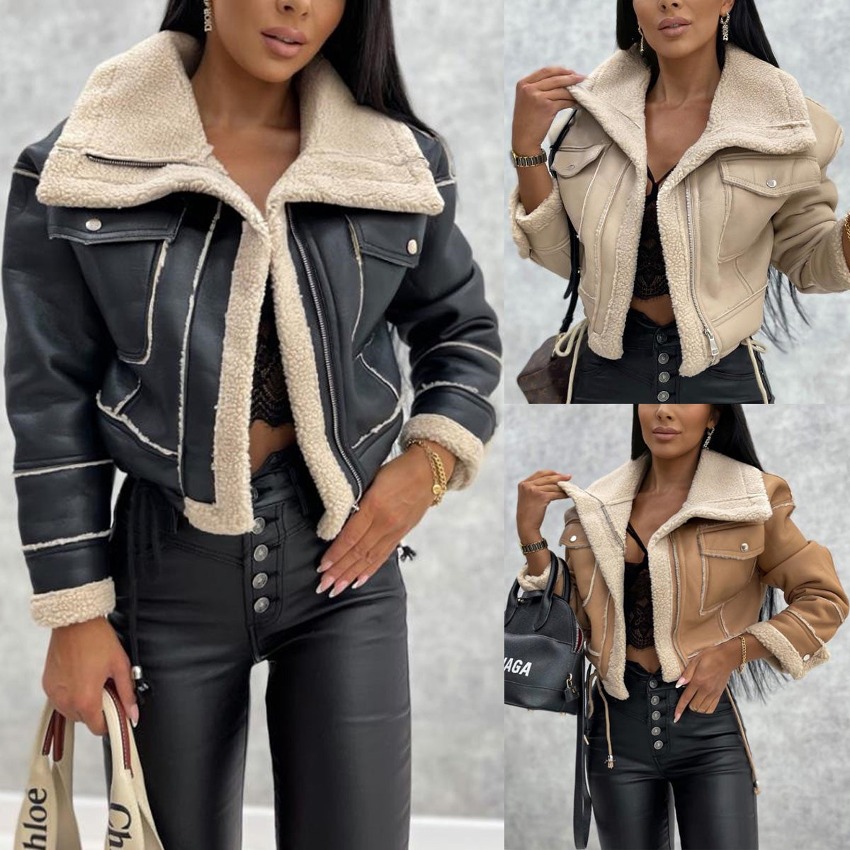 Faux Leather Jackets Women PU Short Thick Warm Black Outwear Female Aviator Retro Lapel Velvet Coat New Year Winter Tops