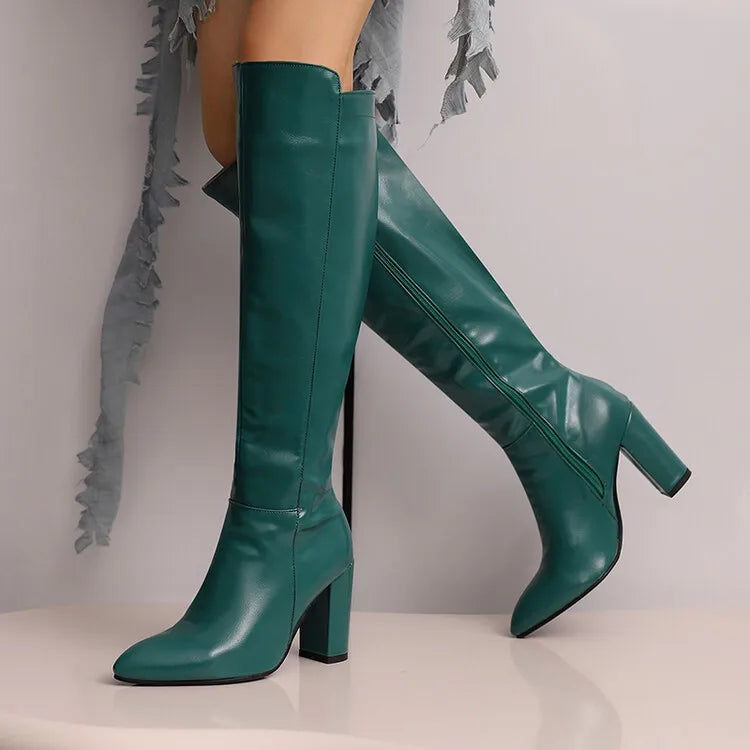 Sexy Women Knee High Boots Pointy Toe Chunky Heels 9CM Boot Large Size 44 45 46 With Zipper Winter Outdoors Leather Female Shoes