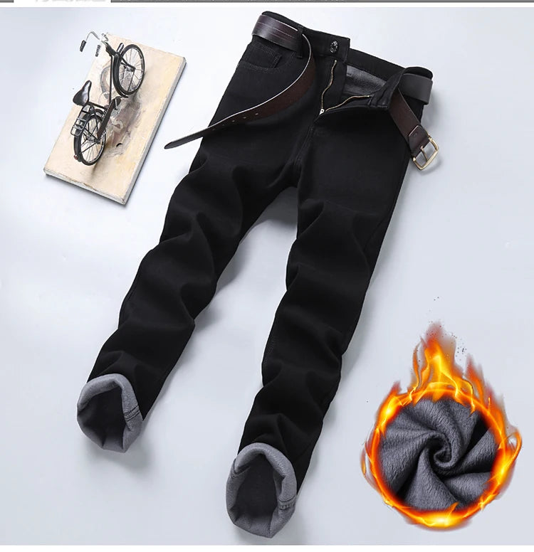 Winter Pure Black Fleece Thick Warm Jeans Men's Slim Straight Elastic Denim Pants Casual Male Clothing Fashion Plush Trousers