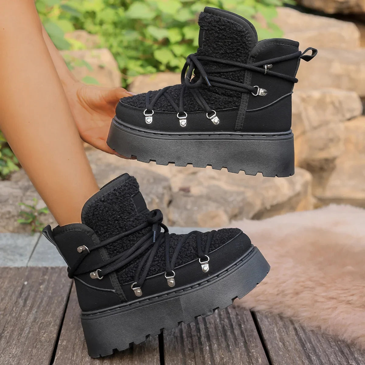 Women’s Winter Snow Boots – Warm, Fleece-Lined, Thick Sole, Cotton Material, Adjustable Ties, Non-Slip Rubber Outsole,