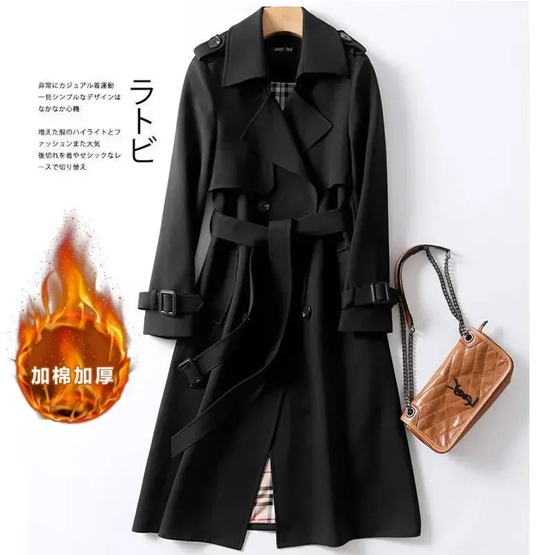 2024 Autumn Elegant Long Women Trench Lace Up Waist Casual Solid V Neck Overcoat Plus Size Long Sleeve Windbreaker Female Trench