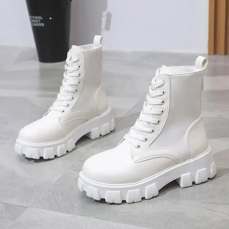 Women's Boots New in Motorcycle Ankle Boots Wedges Female Lace Up Platform Shoes White Black Leather Oxford Shoes Women Boots