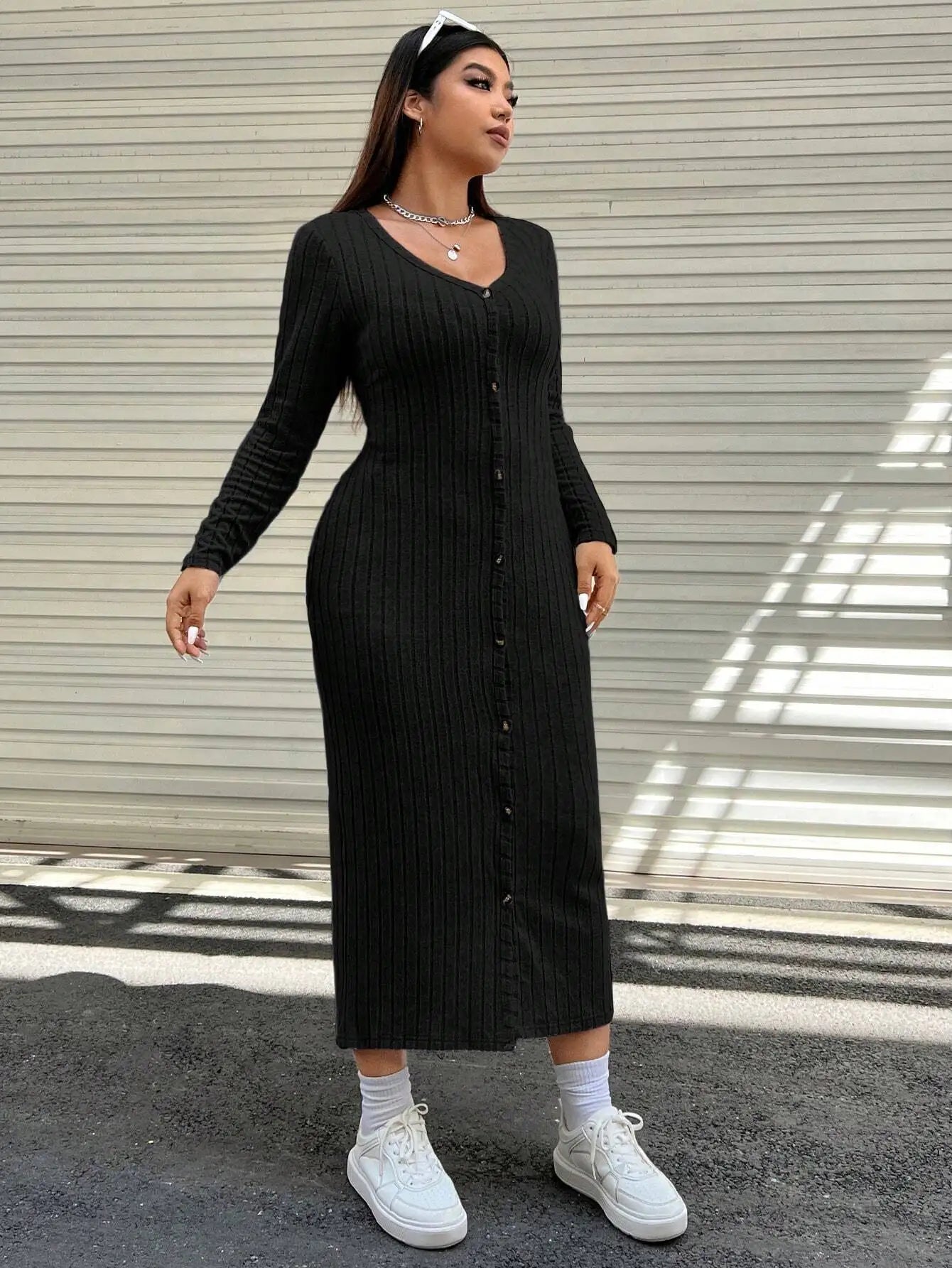 Plus Size Knitted Women Dresses Front Button Long Sleeves Autumn Fall Spring Long Robe Casual Solid Female Sweater Clothing