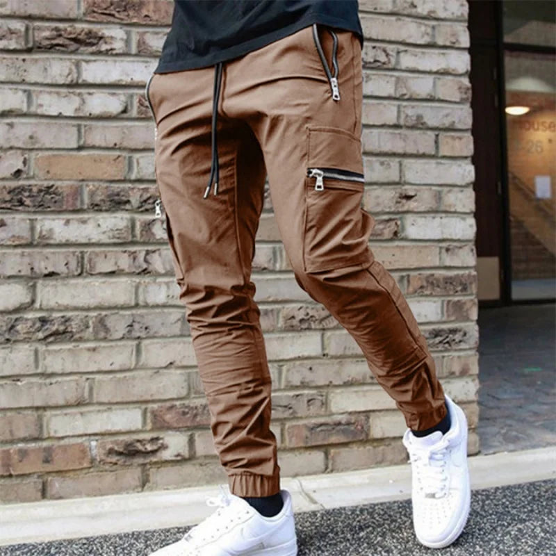 Men's casual overalls spring and autumn new drawstring fashion personality zipper pocket small foot pencil pants long pants