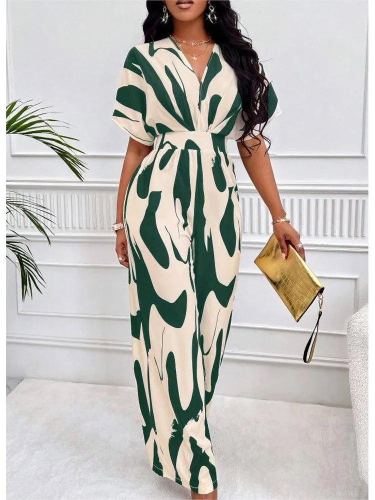 Spring Summer New Printed Short Sleeve For Women's Jumpsuit Fashion Waist Slim Simple Elegant Female Office Jumpsuit Pants