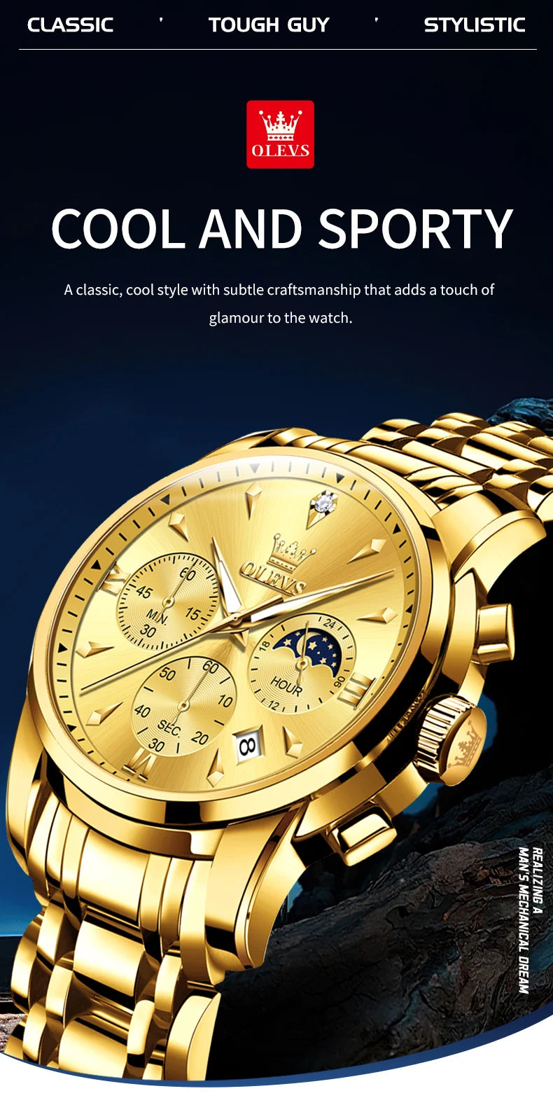 OLEVS 3639 Moon Phase Quartz Watch For Men Fashion Chronograph Luxury Wristwatch Waterproof Luminous Date Business Man Watches