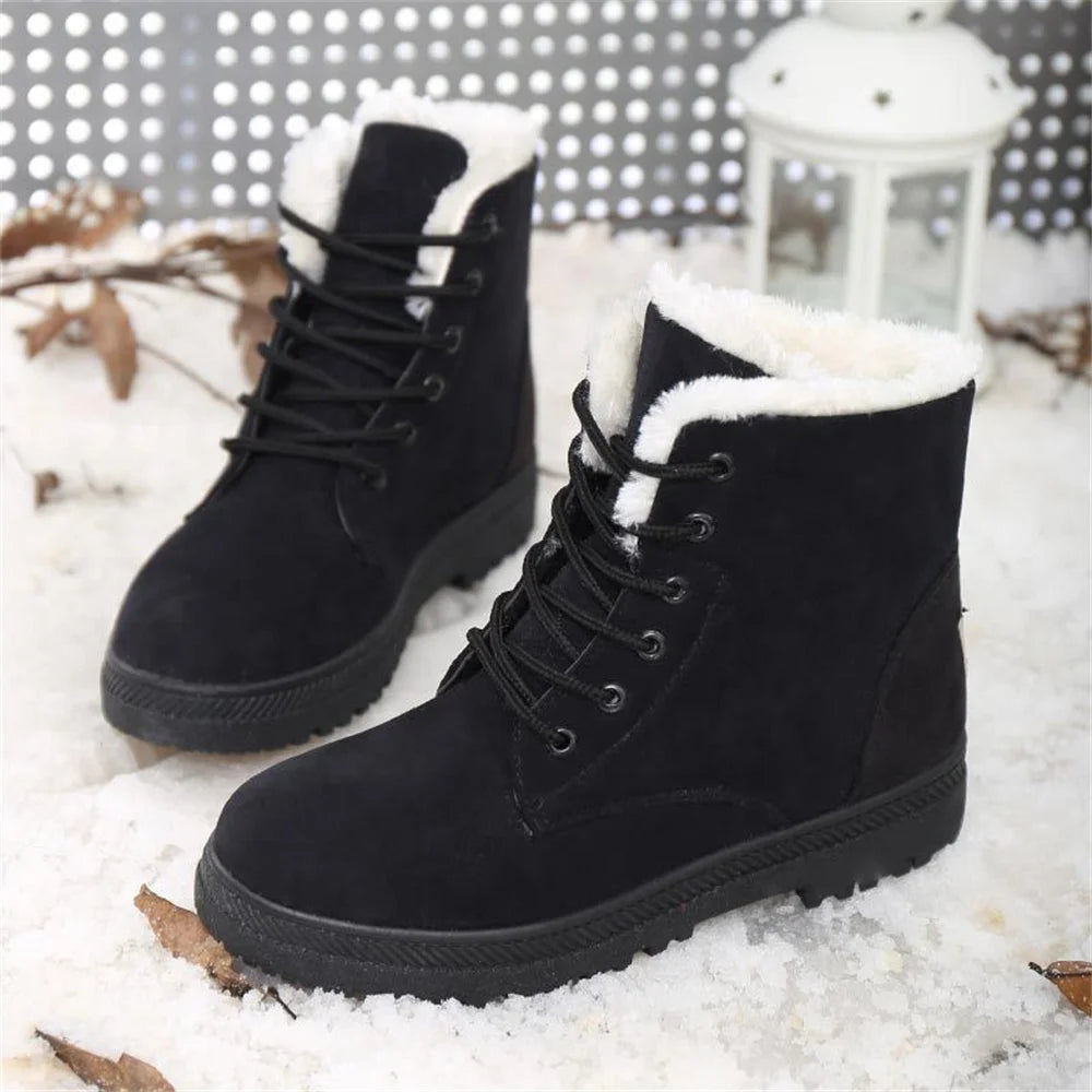 Women's Warm Winter Snow Boots Casual Lace Up Ankle Boots Non Slip Warm Fur Lined Boots