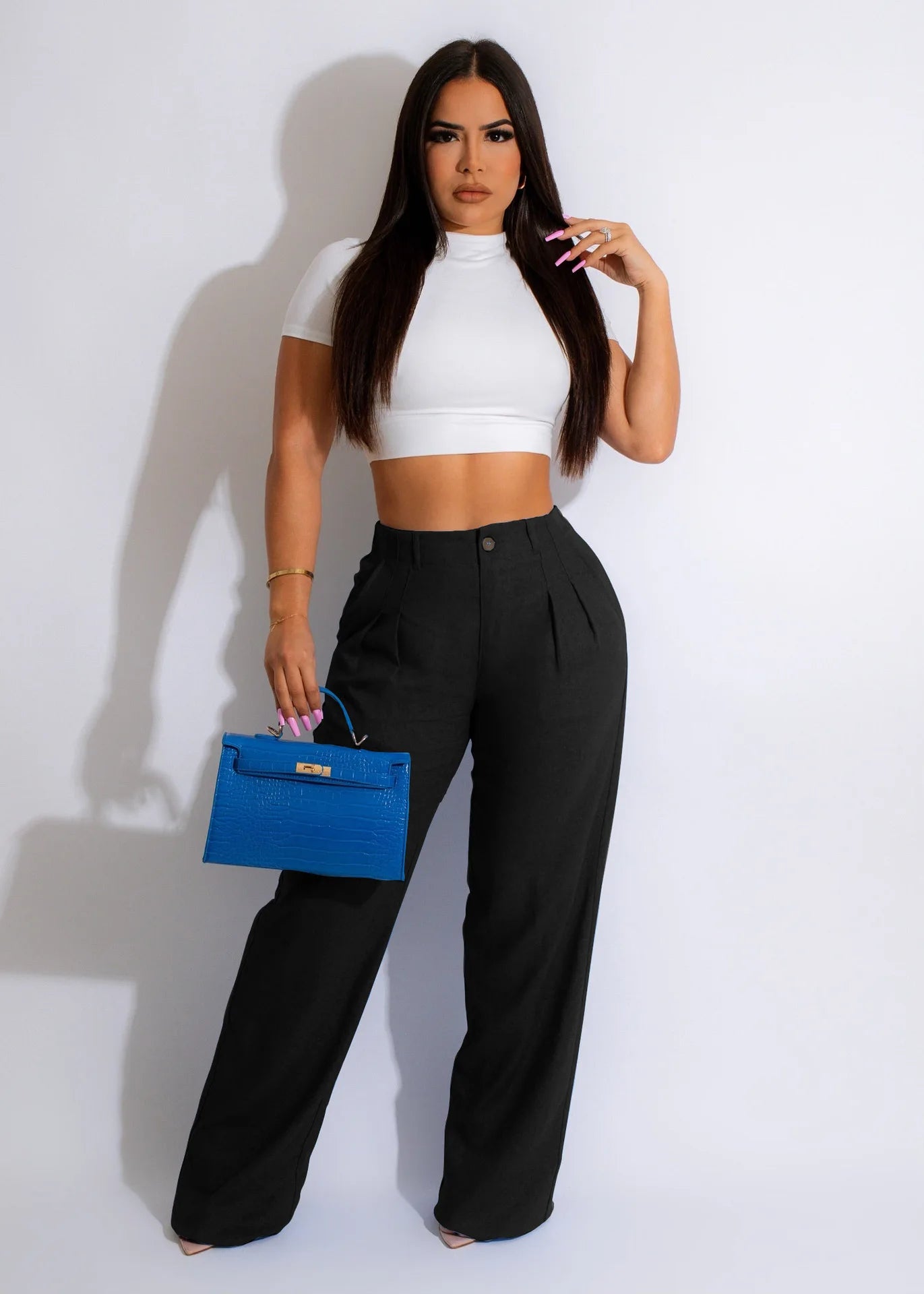 Women Fashion Cotton Linen Pants Straight Wide Leg Zipper Fly Draped High Waist Tailored Trousers Summer OL Work Office Pants