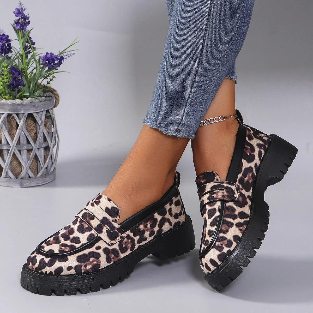 Women's Fashion Leopard Patchwork Slip-on Loafers Chunky Heel Platform Flats 2024 New Moccasins Casual Shoes Plus Size Zapatos