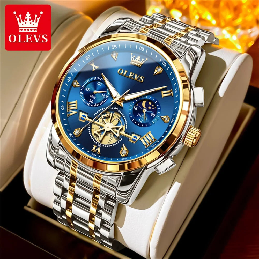 OLEVS 2856 Original Quartz Dress Watch For Men Moon Phase Stainless Steel Business Wristwatch Waterproof Luminous Man Watches