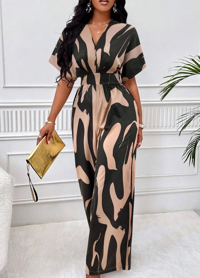 Spring Summer New Printed Short Sleeve For Women's Jumpsuit Fashion Waist Slim Simple Elegant Female Office Jumpsuit Pants