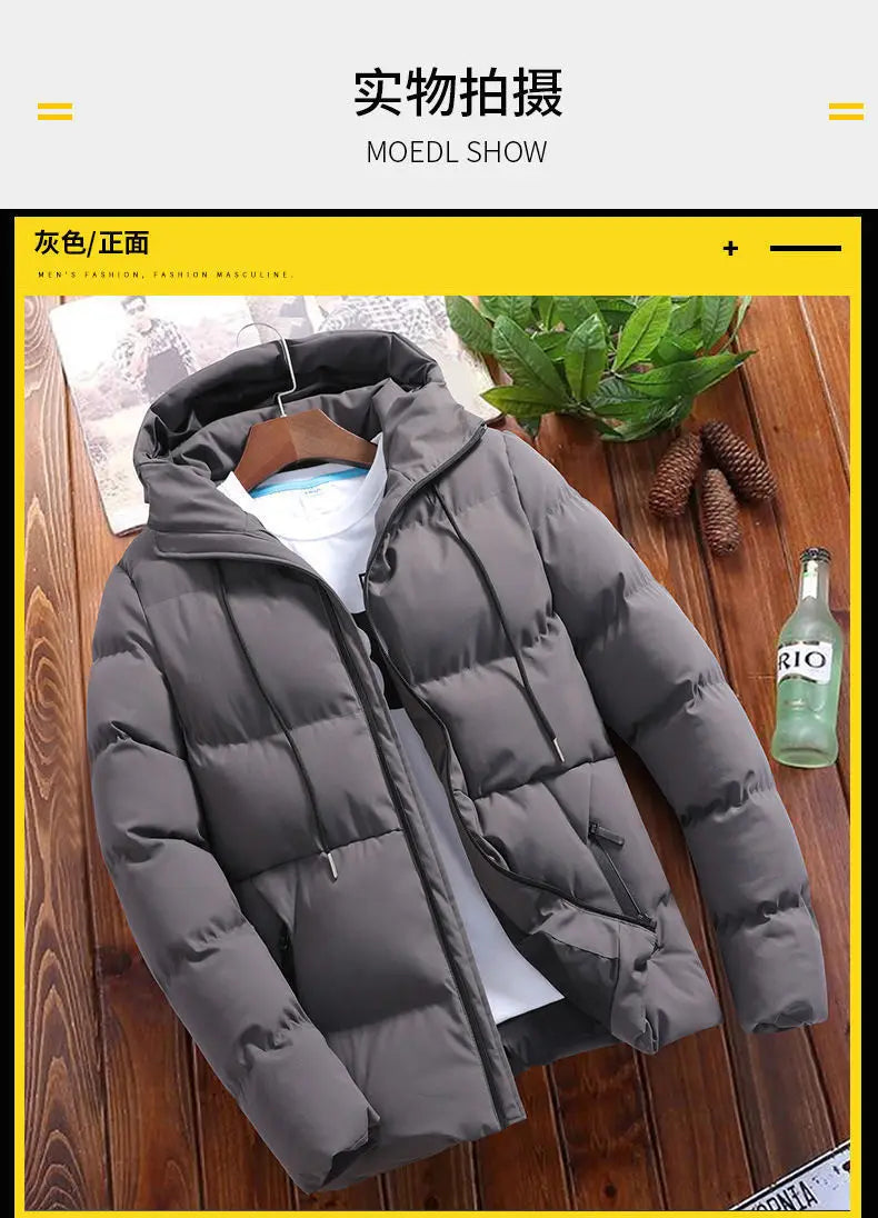 Men’s cotton puffer jacket with hood, loose fit, cropped design — perfect for casual and outdoor wear.