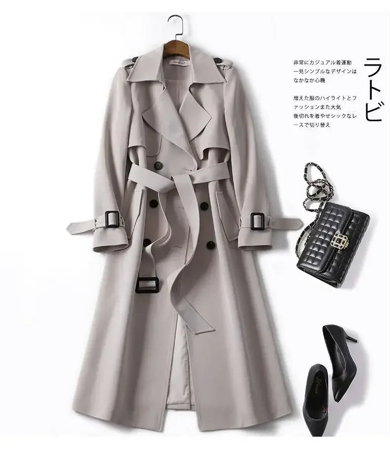 2024 Autumn Elegant Long Women Trench Lace Up Waist Casual Solid V Neck Overcoat Plus Size Long Sleeve Windbreaker Female Trench