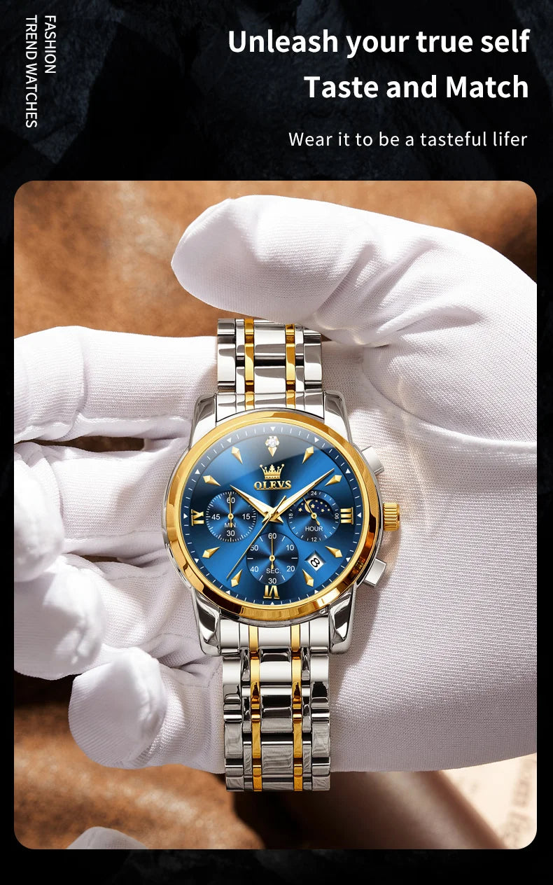 OLEVS 3639 Moon Phase Quartz Watch For Men Fashion Chronograph Luxury Wristwatch Waterproof Luminous Date Business Man Watches