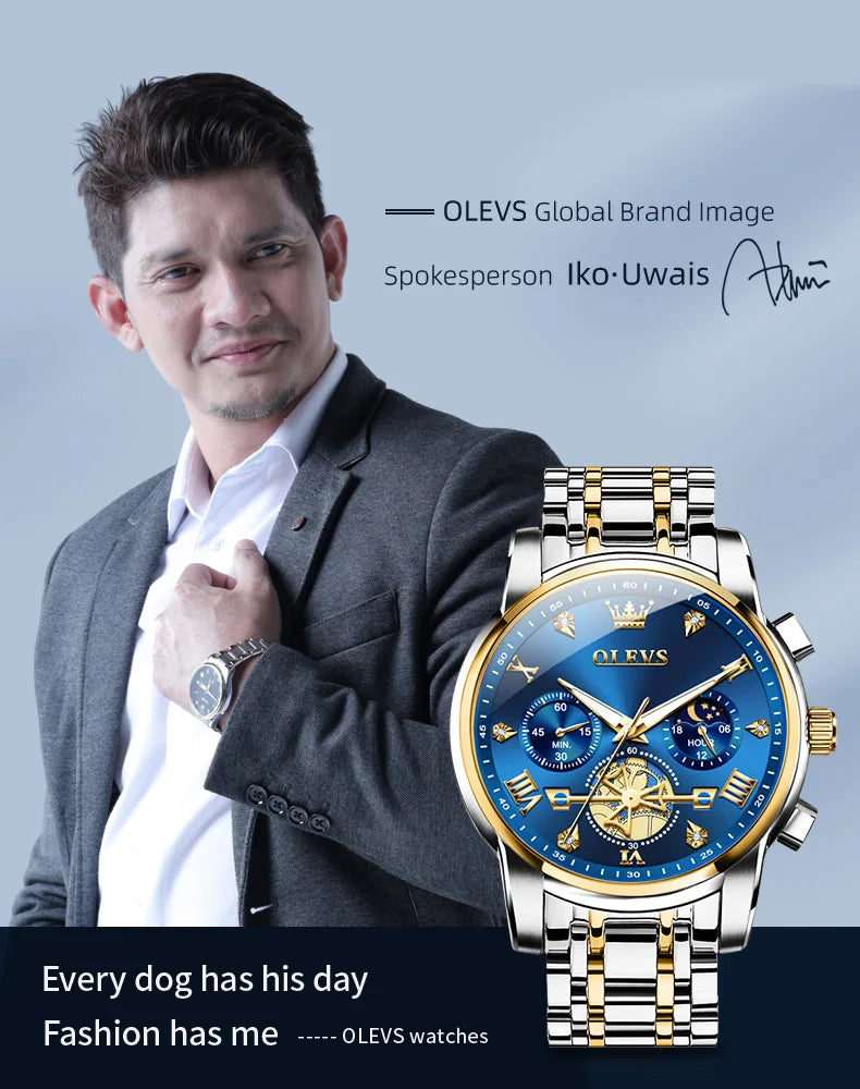 OLEVS 2856 Original Quartz Dress Watch For Men Moon Phase Stainless Steel Business Wristwatch Waterproof Luminous Man Watches