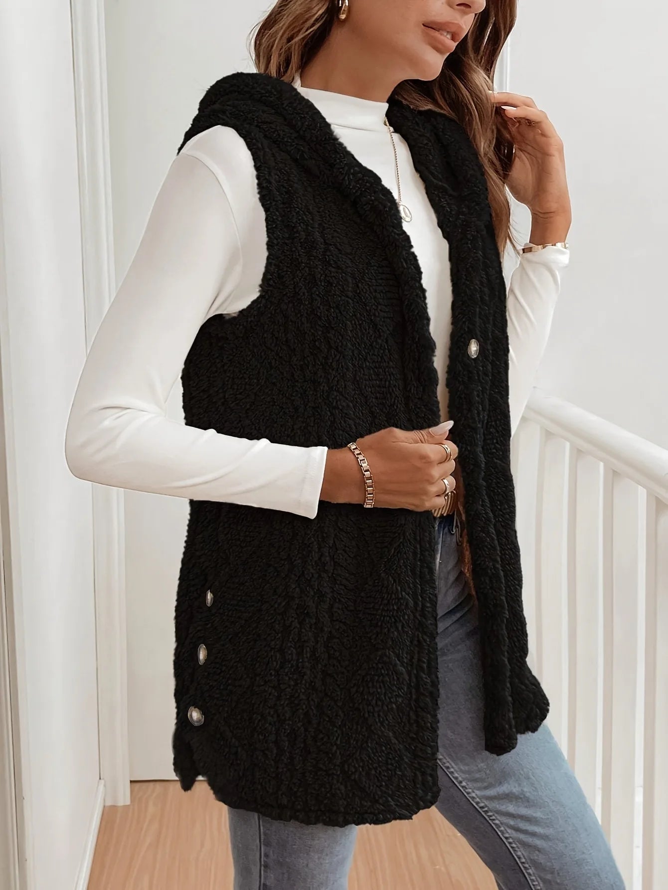 Apricot Hooded Plush Sleeveless Vest – Autumn & Winter