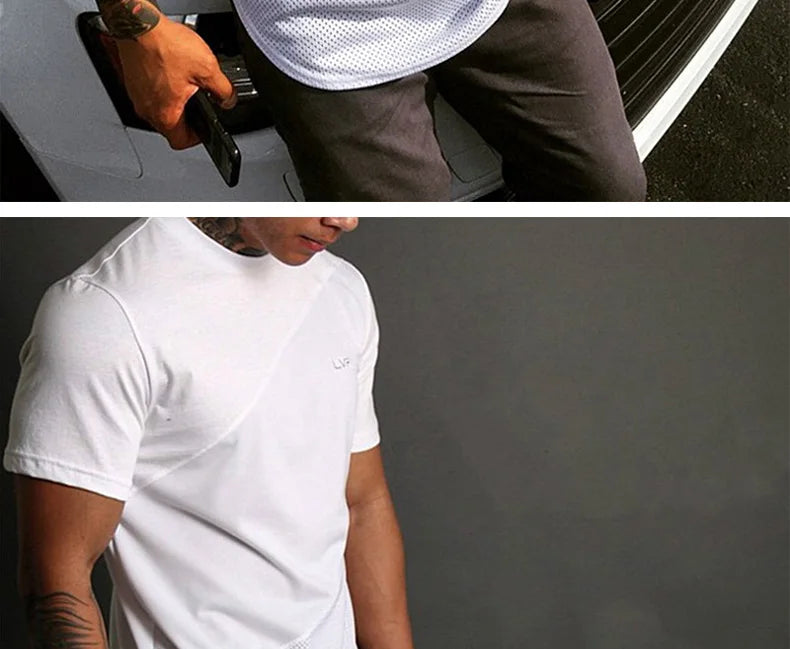 Men's Summer Fashion Fitness Tees Gym  Sport Running Patchwork Short Sleeves Shirt Breathable Bodybuilding T-shirt Man Clothing