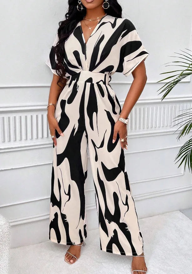 Spring Summer New Printed Short Sleeve For Women's Jumpsuit Fashion Waist Slim Simple Elegant Female Office Jumpsuit Pants