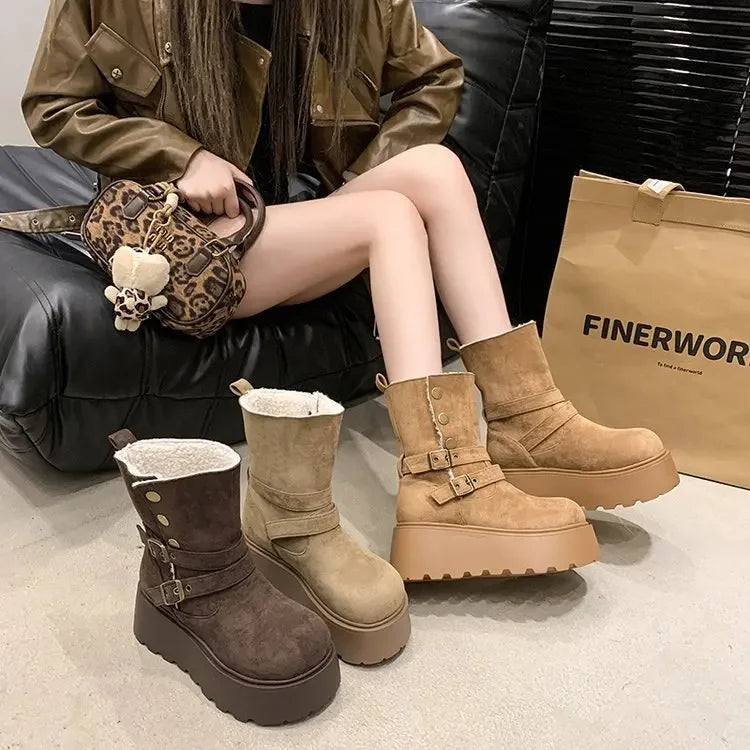 Women’s Winter Boots – Thick sole, ultra high heel, fleece-lined, mid-calf, round toe.