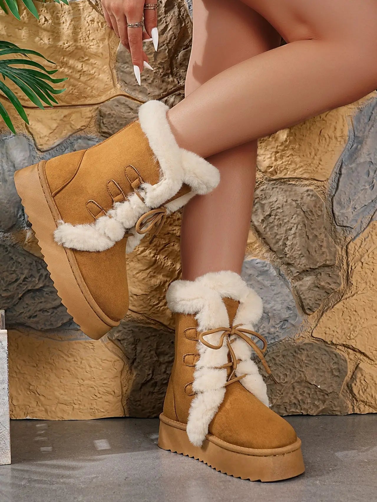 Women’s Winter Snow Boots – Thick sole, fleece-lined, tie-on, mid-calf.