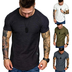 New summer crew-neck slim-fit pleated casual short-sleeved youth fashion base shirt men's sports shoulder sleeve top